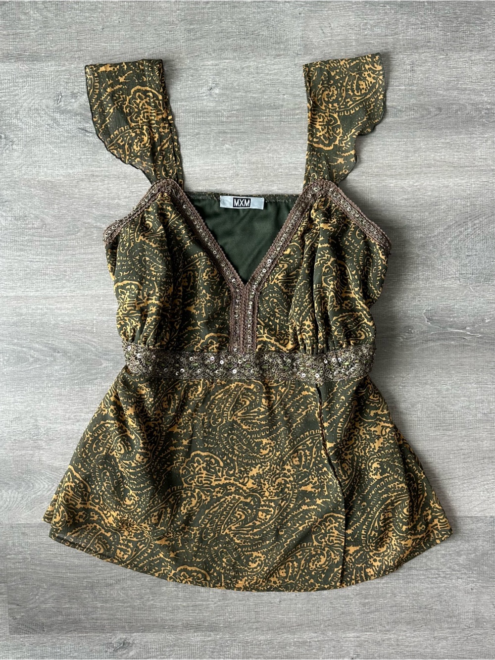 MXM Olive Paisley Sequin Trim V-Neck Women’s Top Blouse